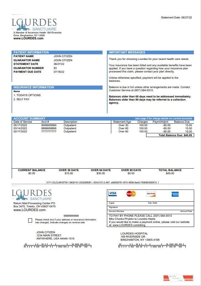 USA Lourdes utility bill template in Word and PDF format
